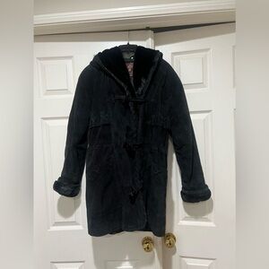 VTG‎ G-III Unisex Black Suede Coat Fur Lining Hoodie Toggle Buttons Large